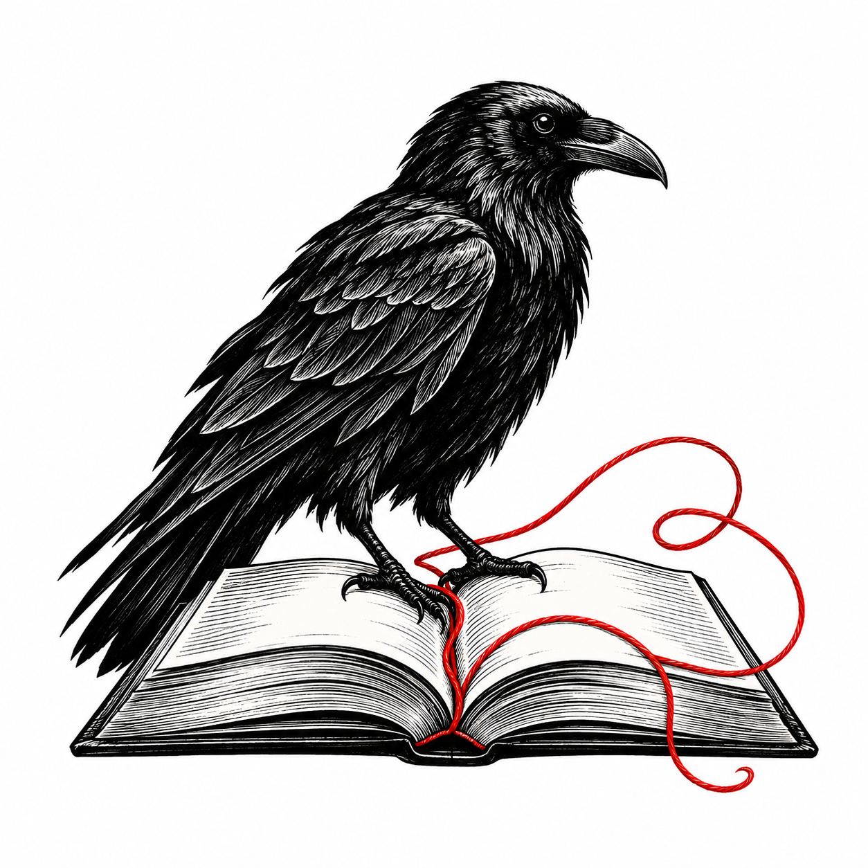 Suzi Michaels emblem: a raven, an open book and a red thread.